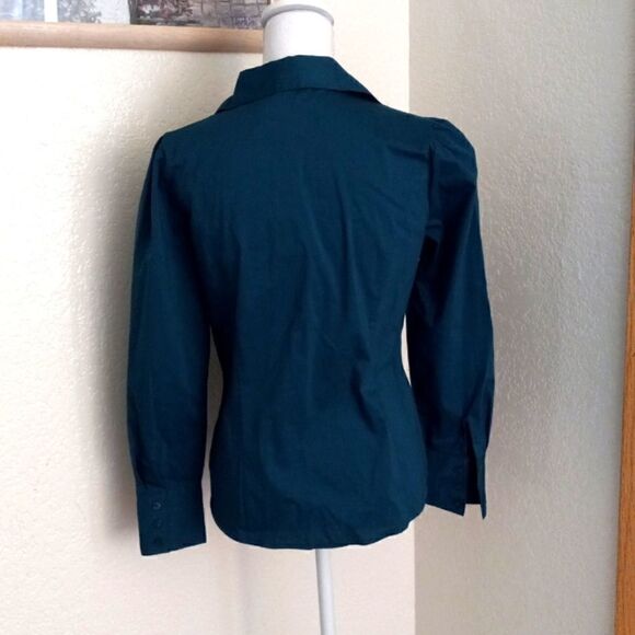 Worthington Stretch Long Sleeve Button down Ruffle Shirt. Zenith Teal-Small - Picture 4 of 7